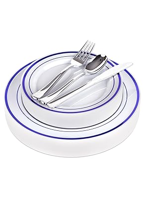 Fancy Disposable Plates with Cutlery - Blue Plastic Party Plates - Silverware for Weddings