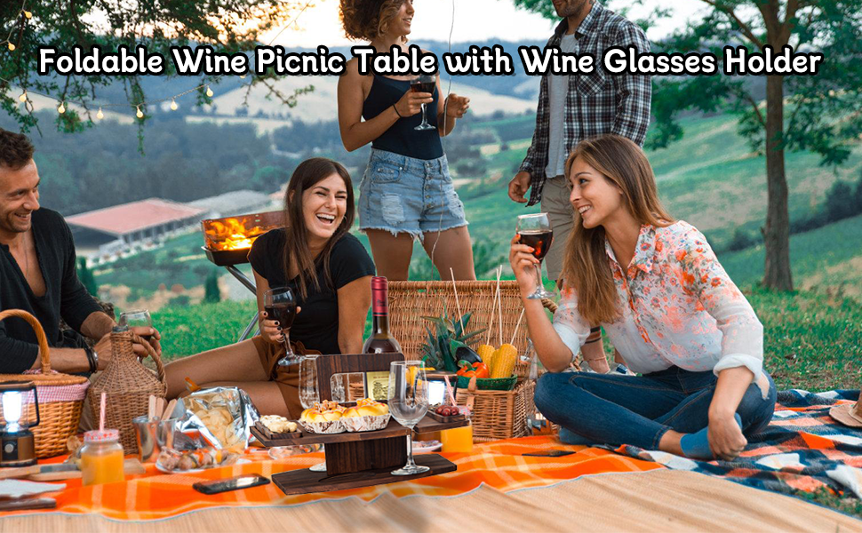 Portable Wine Picnic Table, Wine Tray Foldable, Acacia Wood, Charcuterie Board, Wine Gift