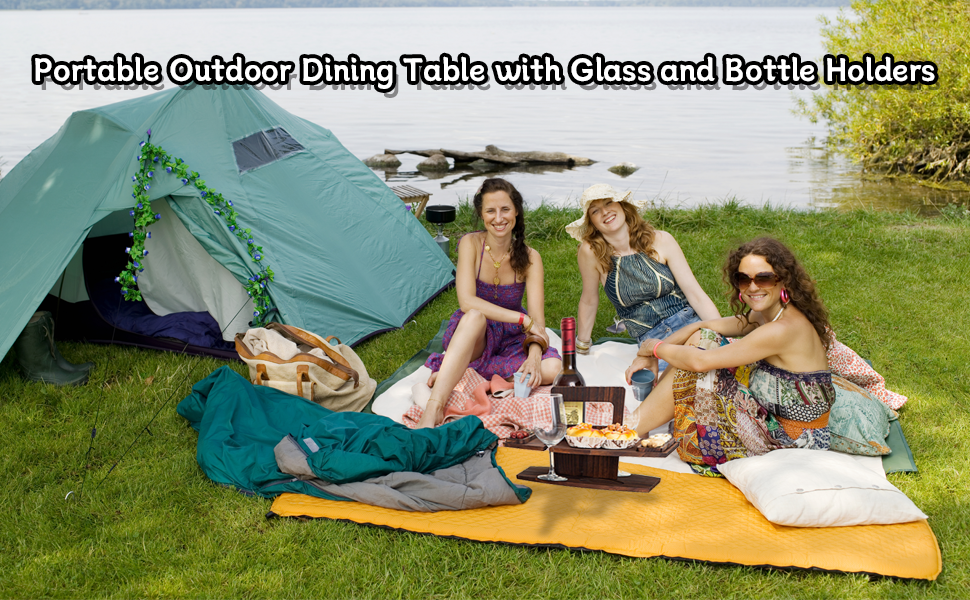 Wine Picnic Table with Wine Bottle, Glass and Cheese Knife Holder
