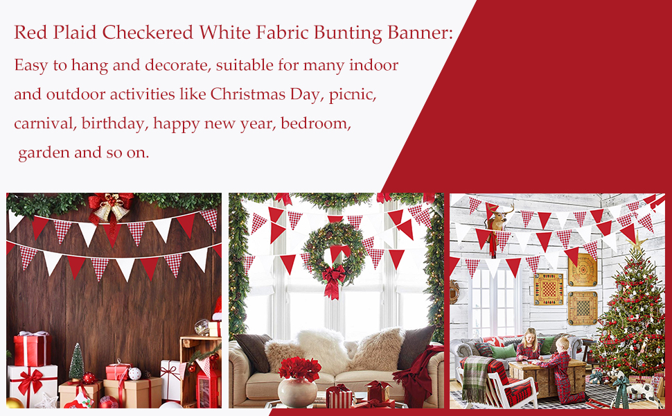 Red Party Decorations Red Plaid Checkered White Triangle Flag Pennant Bunting Fabric Garland