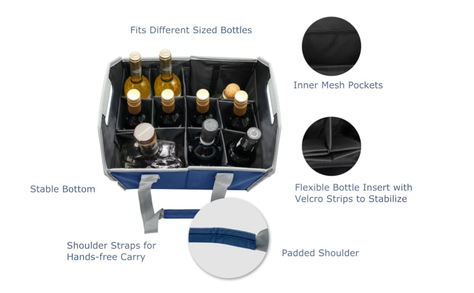 Bottle carrier different sized mesh pockets flexible insert stable bottom shoulder straps padded