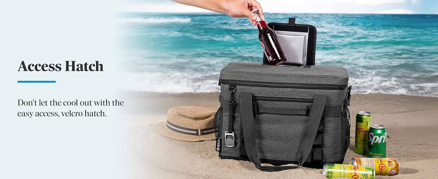 easy access velcro top opening hatch lid can cooler beer alcohol picnic