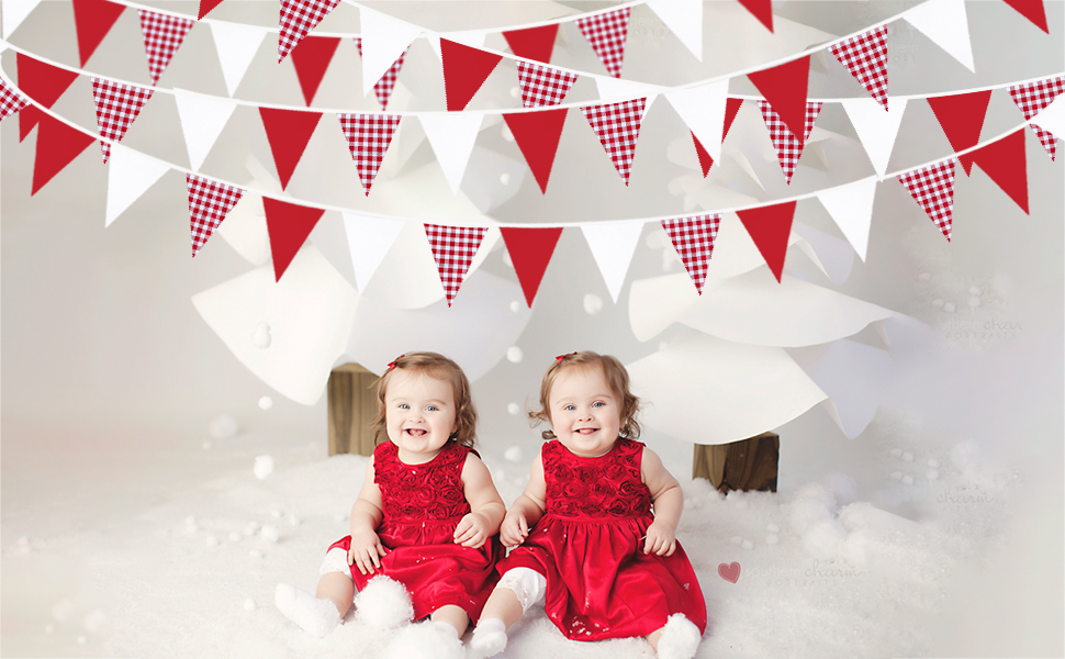 Red Party Decorations Red Plaid Checkered White Triangle Flag Pennant Bunting Fabric Garland