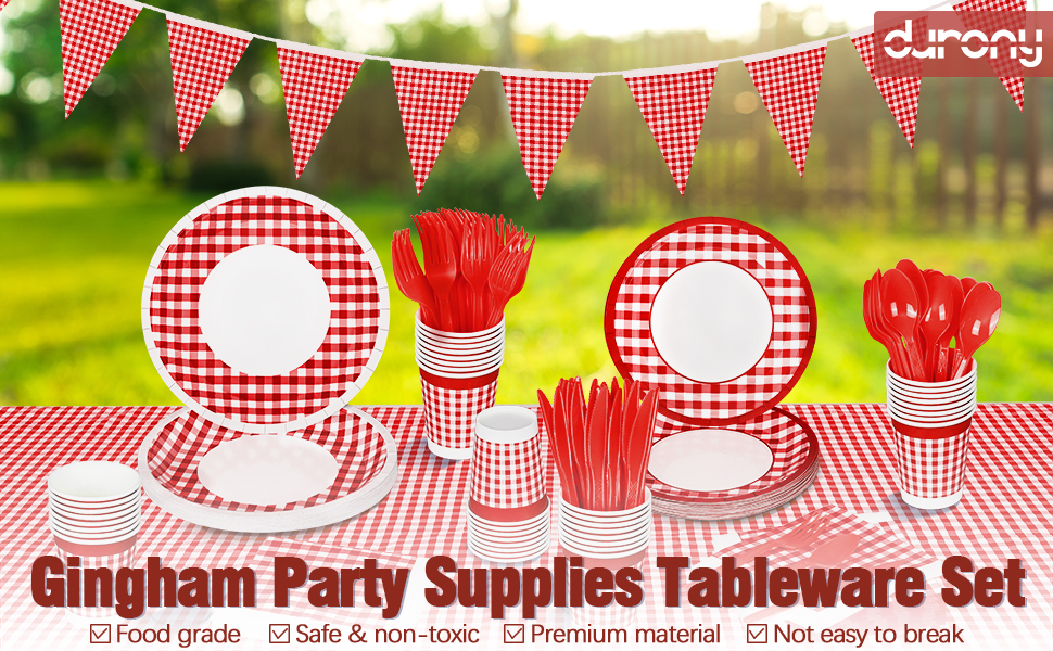 durony 146 Piece Red and White Plaid Gingham Party Supplies Tableware Set