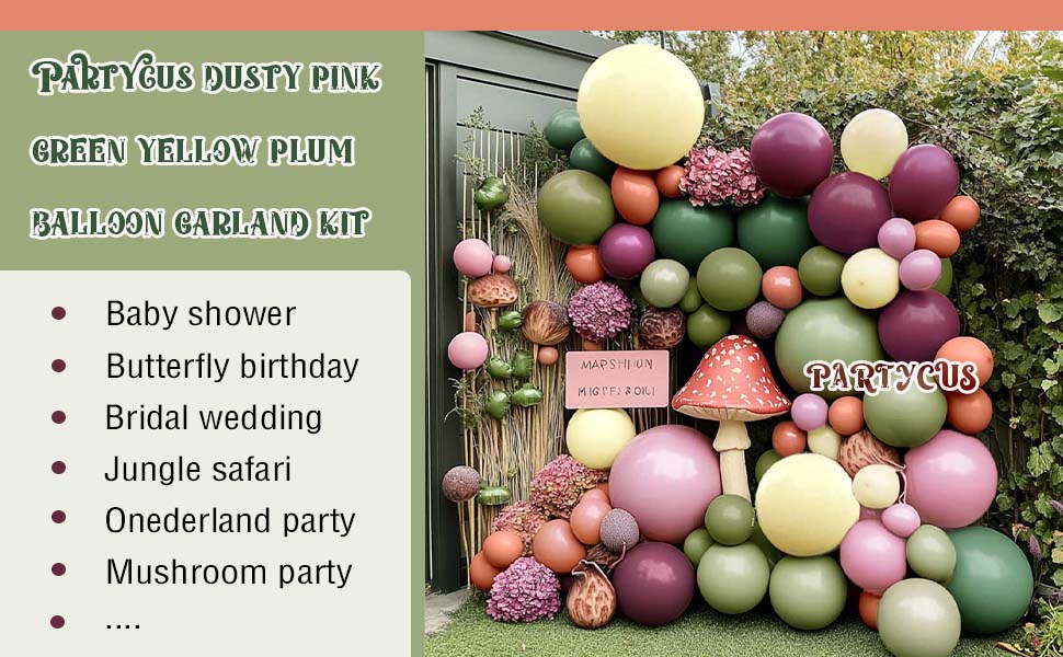 pink sage green balloon garland olive green yellow purple balloons  