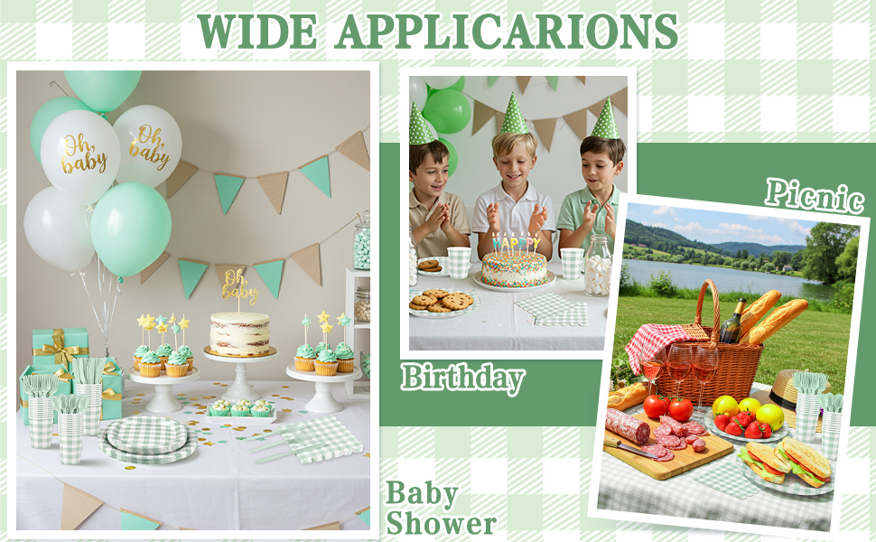 sage green gingham plates