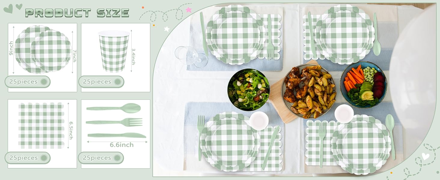 Green Checkered Disposable Plates Set with Napkins Cups Plastic Spoons Forks Knives