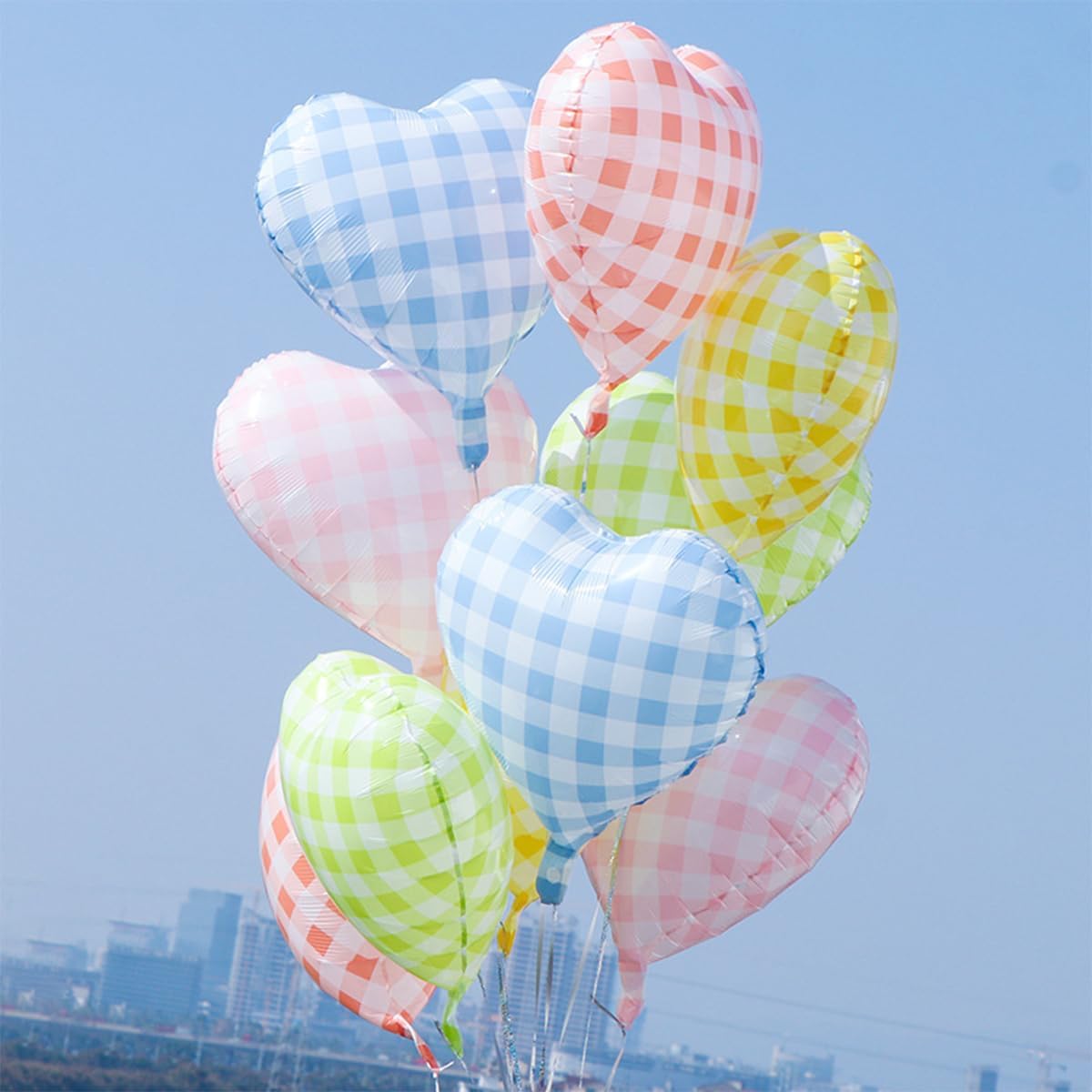 10 Pcs Red Pink Heart Grid Balloons 18 Inch Blue Green Yellow Checkered Foil Heart Balloons Helium Mylar Balloons for Girls Women Valentines Day Birthday Wedding Baby Shower Bridal Party Decorations