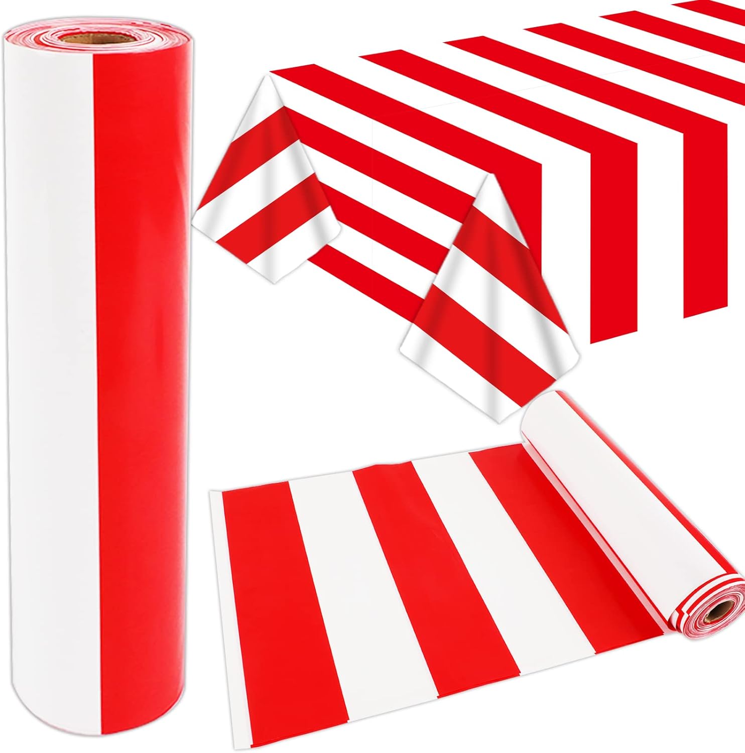 100Ft Long Tablecloth Roll Red and White Striped Tablecloth Carnival Circus Tent Party Supplies Christmas Plastic Picnic Table Cover for Birthday Halloween Party Circus Backdrop Banner Decoration