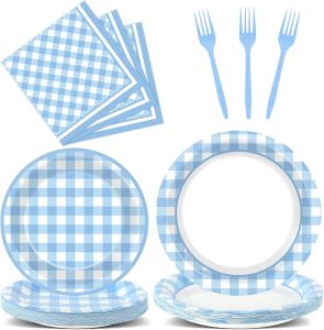 100PCS Checkered Plates and Napkins Blue and White Gingham Party Supplies Checkered Plaid Tableware Set Party Decor Favors for BBQ Gathering Picnic Carnival Baby Shower Birthday Dinnerware Serves 25