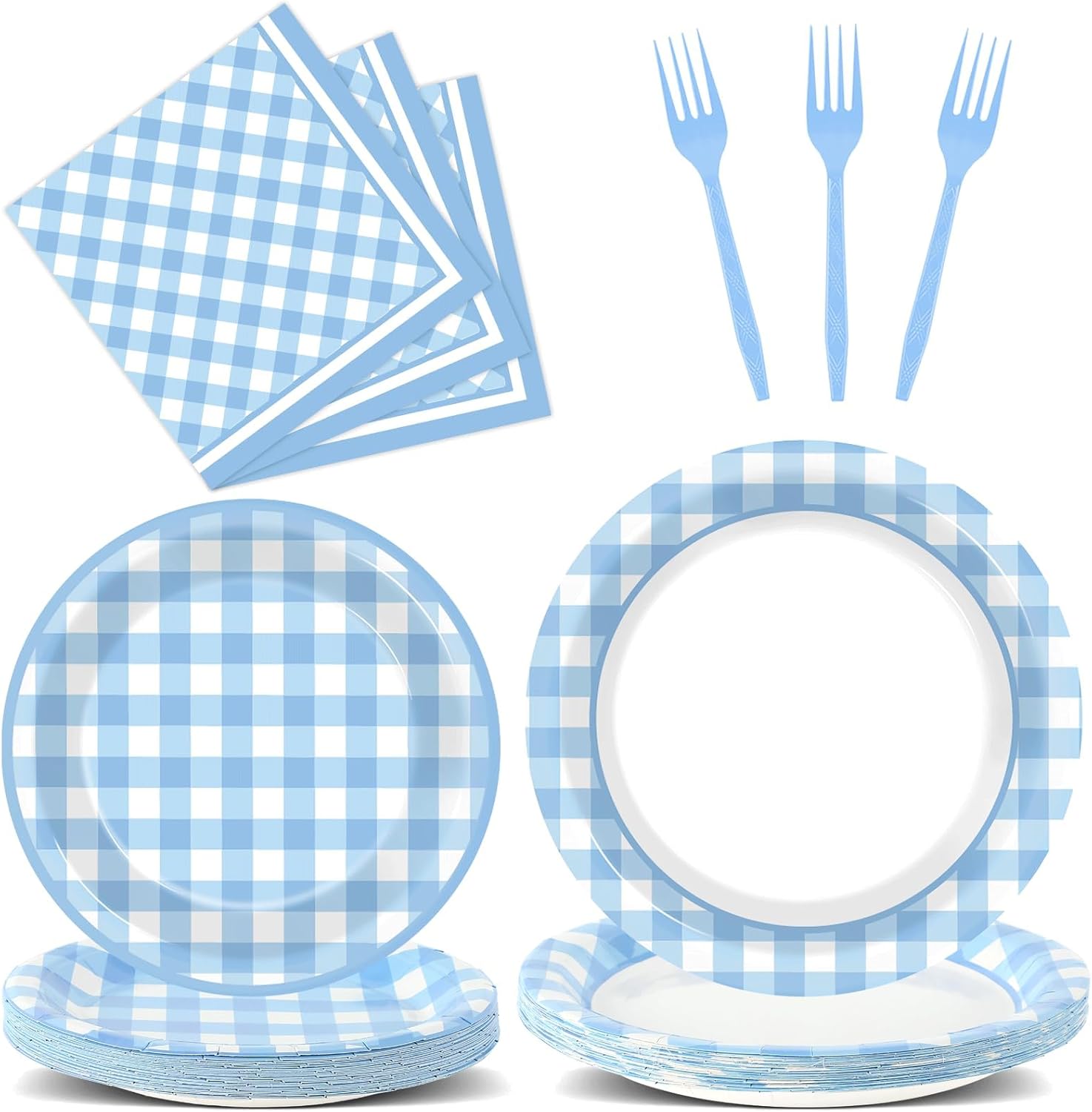 100PCS Checkered Plates and Napkins Blue and White Gingham Party Supplies Checkered Plaid Tableware Set Party Decor Favors for BBQ Gathering Picnic Carnival Baby Shower Birthday Dinnerware Serves 25