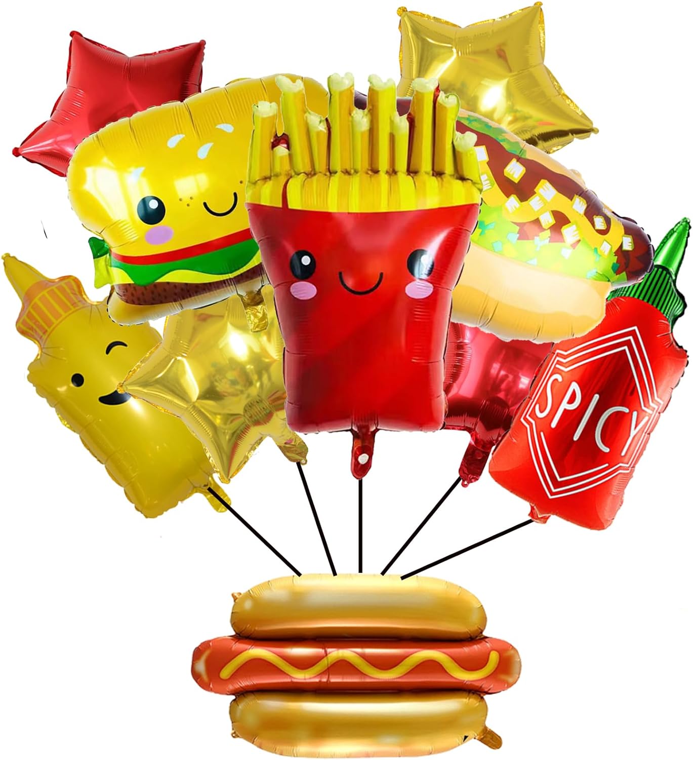 10PCS Hamburger Hot Dog Ketchup Bottles Mustard Bottles French Fries Pizza Slice Shaped Foil Balloons Food Balloons for BBQ Picnic Cookout Fast Food Snacks Party Decorations Baby Shower