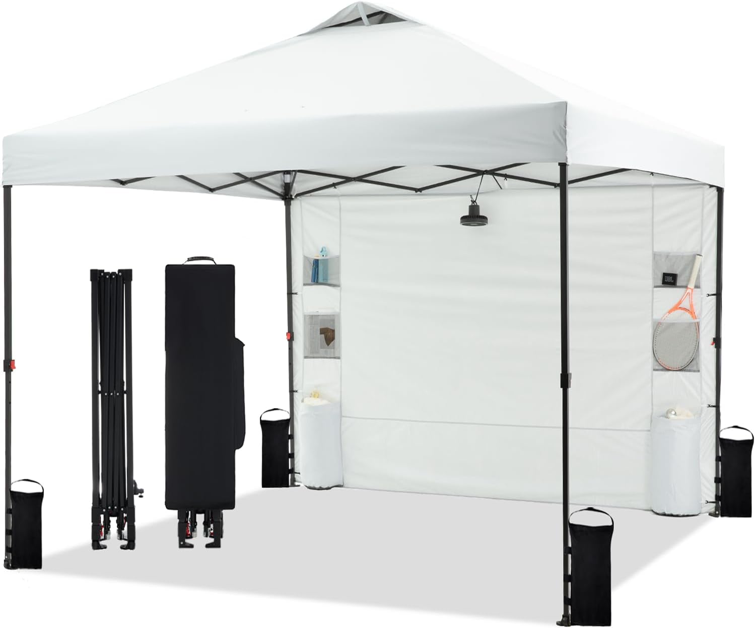10'x10' Pop Up Canopy Tent with 1 Sidewall and 6 Pockets, One Push Setup, Instant Shade Tent with Vented Roof for Beach Patio Outdoor, Case, 8 Stakes, 4 Ropes, 4 Sandbags (White)