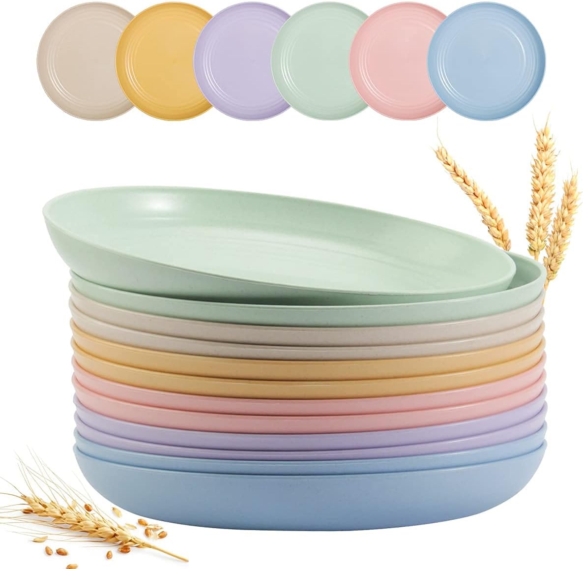 12 PACK 9 Inch Lightweight Wheat Straw Plates, Unbreakable Deep Dinner Plates, Plastic Plates Reusable, Assorted Colors Dinnerware Sets, Microwave & Dishwasher Safe