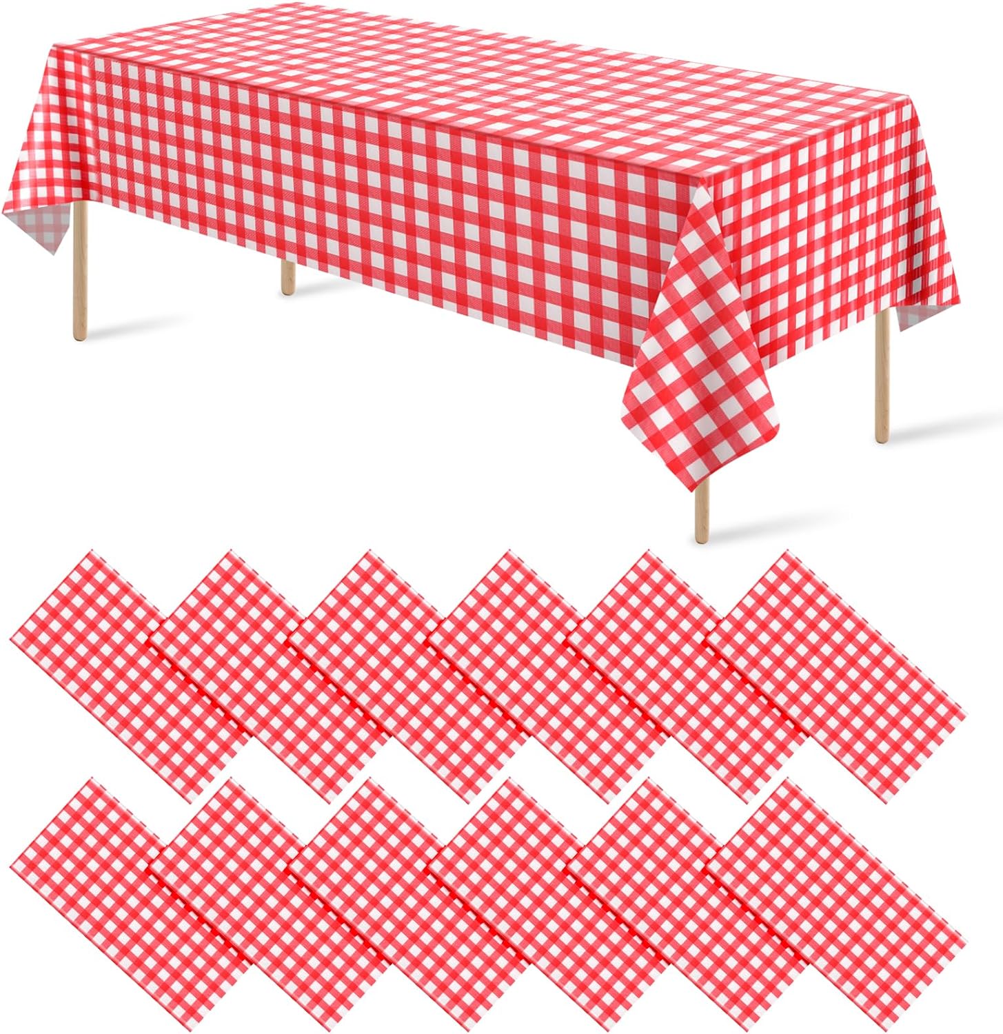 12 Pack Red and White Plastic Checkered Tablecloth, Premium Decorative Disposable Red Gingham Plaid Table Cloths for Parties, Rectangle Party Table Cover for Picnic Farm Birthday Wedding, 54x108 Inch