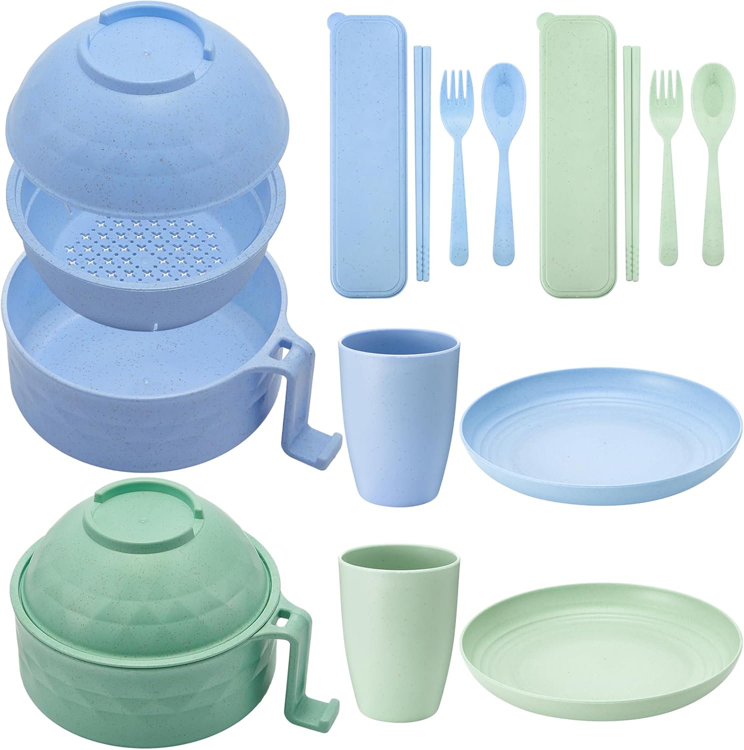 12 Pcs Picnic Dinnerware Sets 33 oz Wheat Straw Microwave Ramen Bowl with Handles Unbreakable Bowl with 8.9 Inch Plates Cups Cutlery for Camping BBQ Party Dorm College(Light Blue, Light Green)