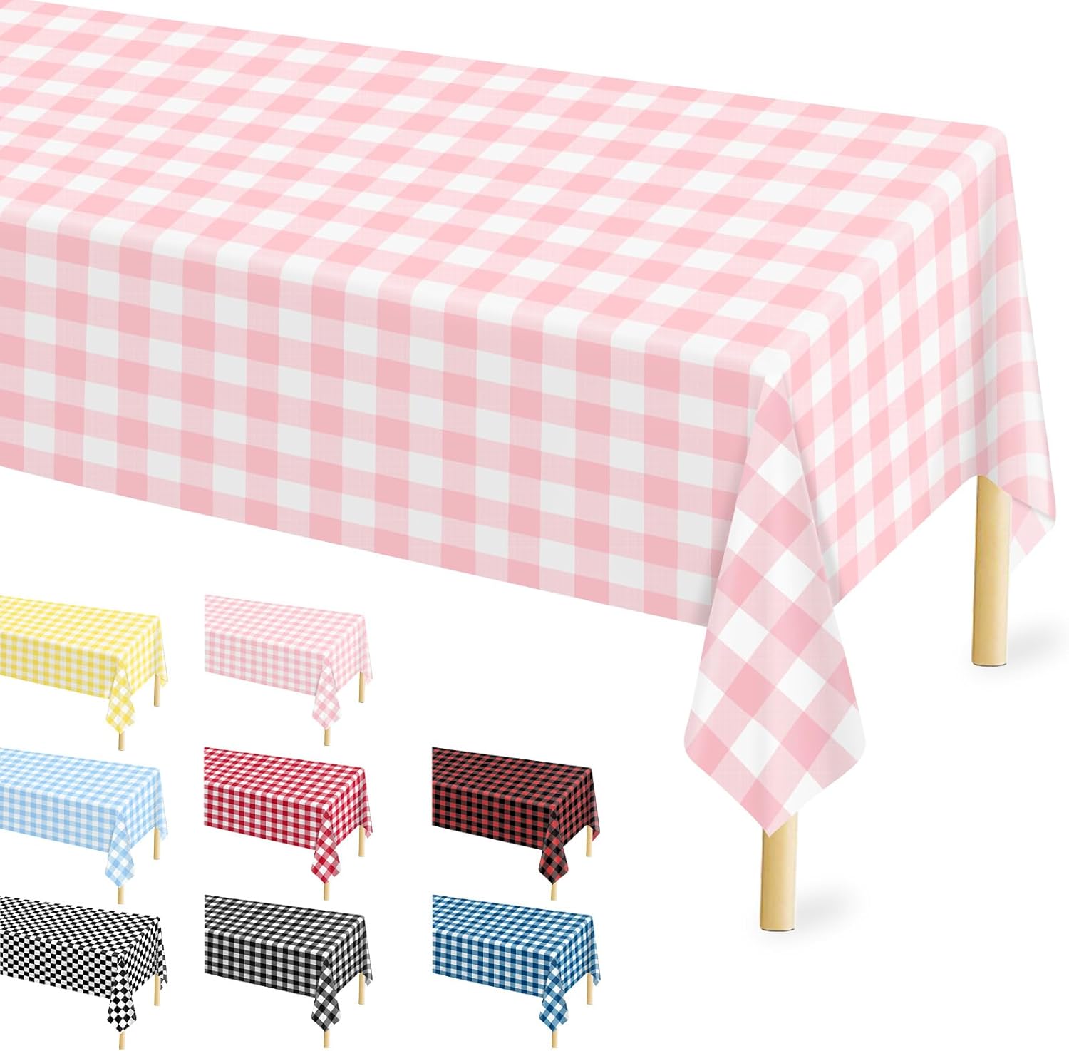 12 Pcs Pink Gingham Tablecloth 54 × 108 Inches Pink and White Checkered Table Cloth Disposable Plastic Waterproof Tablecover for Outdoor Picnic, Birthday Party, Holiday Dinner