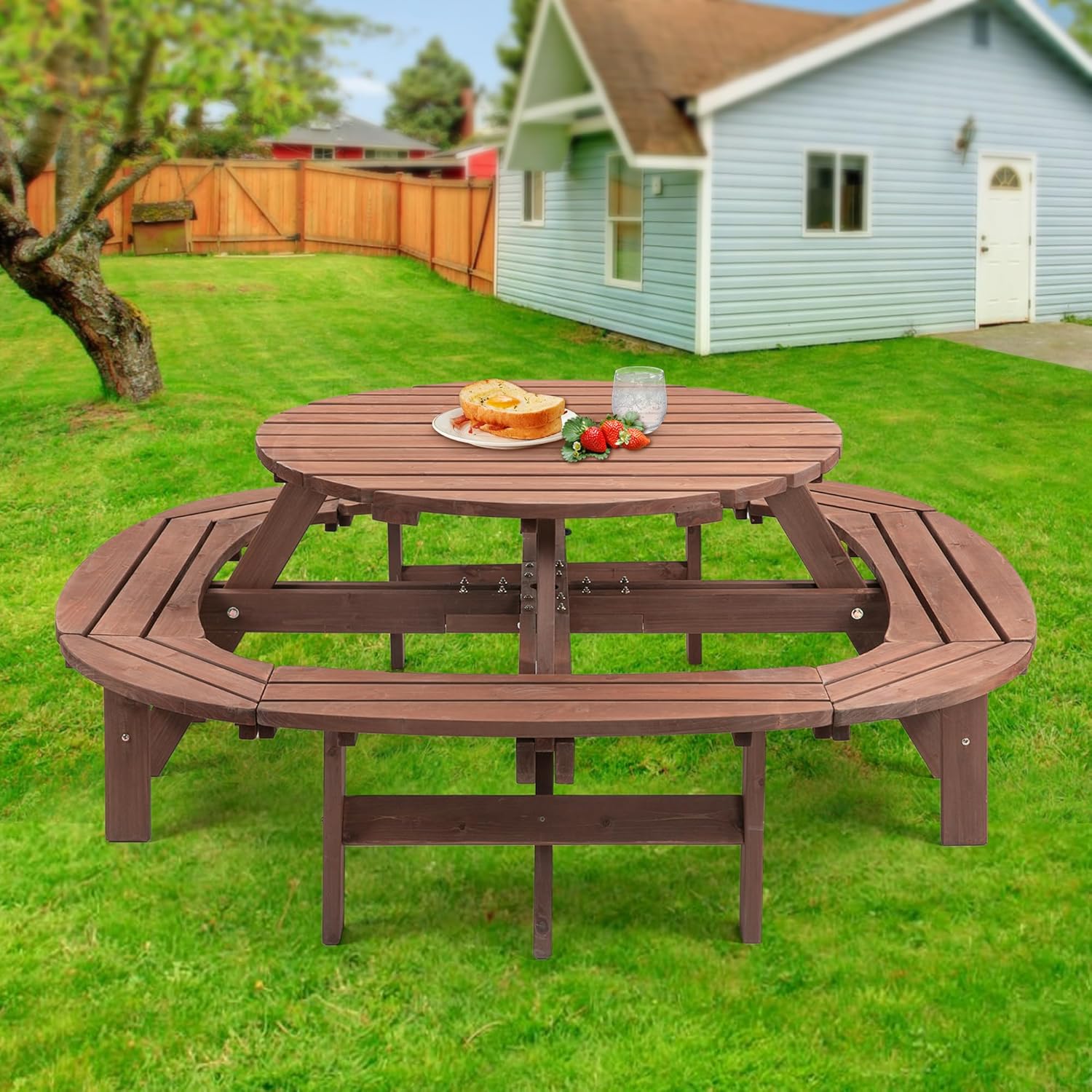12-Person Outdoor Circular Wooden Picnic Table, Camping Dining Table with Built-in Benches, Outside Table Set with Umbrella Hole for Garden Patio Backyard,Brown