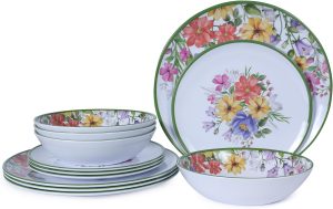 12 Piece Melamine Dinnerware Sets - Plates And Bowls Sets Floral Dinnerware Sets - Spring Camping Dishs Indoor Outdoor Use, Flowers Dinner Plates