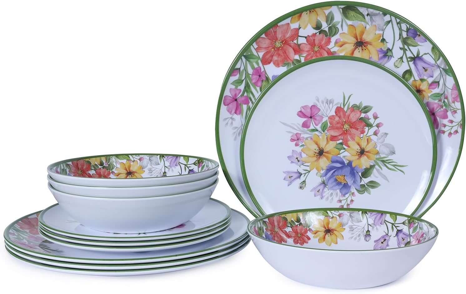 12 Piece Melamine Dinnerware Sets - Plates And Bowls Sets Floral Dinnerware Sets - Spring Camping Dishs Indoor Outdoor Use, Flowers Dinner Plates