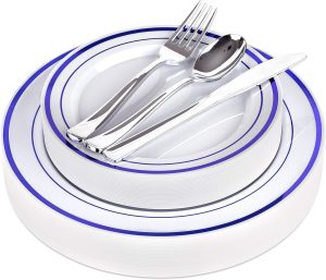 125-Piece White and Blue Fancy Plastic Plates Disposable with Silverware, Elegant Dinnerware for Weddings, Holiday Party China, Set of 25 Dinner + Salad Plates, 25 Spoons, 25 Forks, 25 Knives