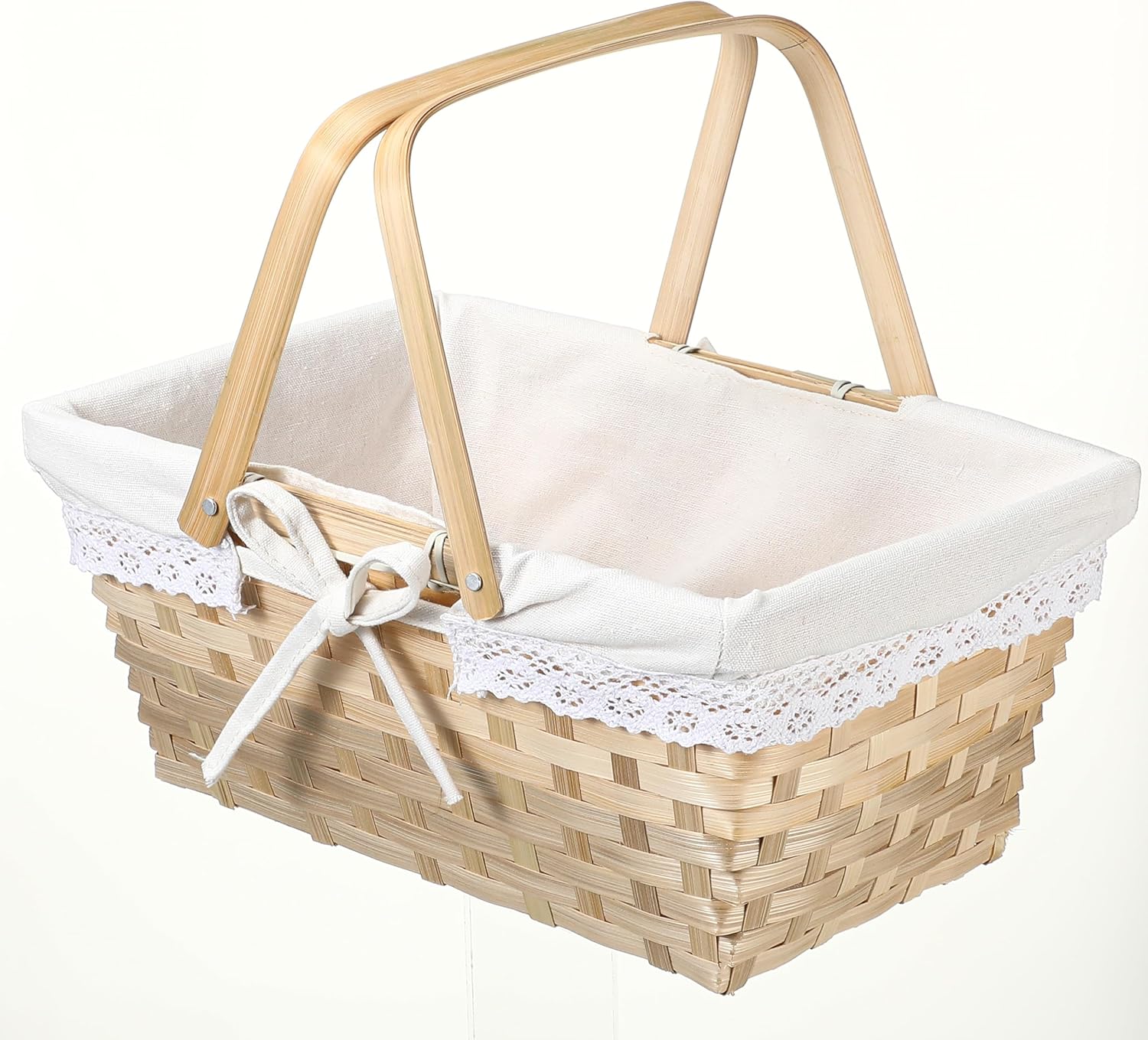 12.6" Picnic Basket with Double Foldable Handles and Removable Liner, Woven Basket Empty Picnic Hamper for Picnic, Camping, Outdoor, Halloween, Easter, Birthday(Lace Liner,White)