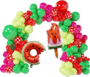 138PCS Watermelon Balloon Arch Garland Kit with Red Green Watermelon Foil Balloons, Ideal for Fruit Balloon Garland, One in a Melon Party Decor, Baby Shower Summer Picnic