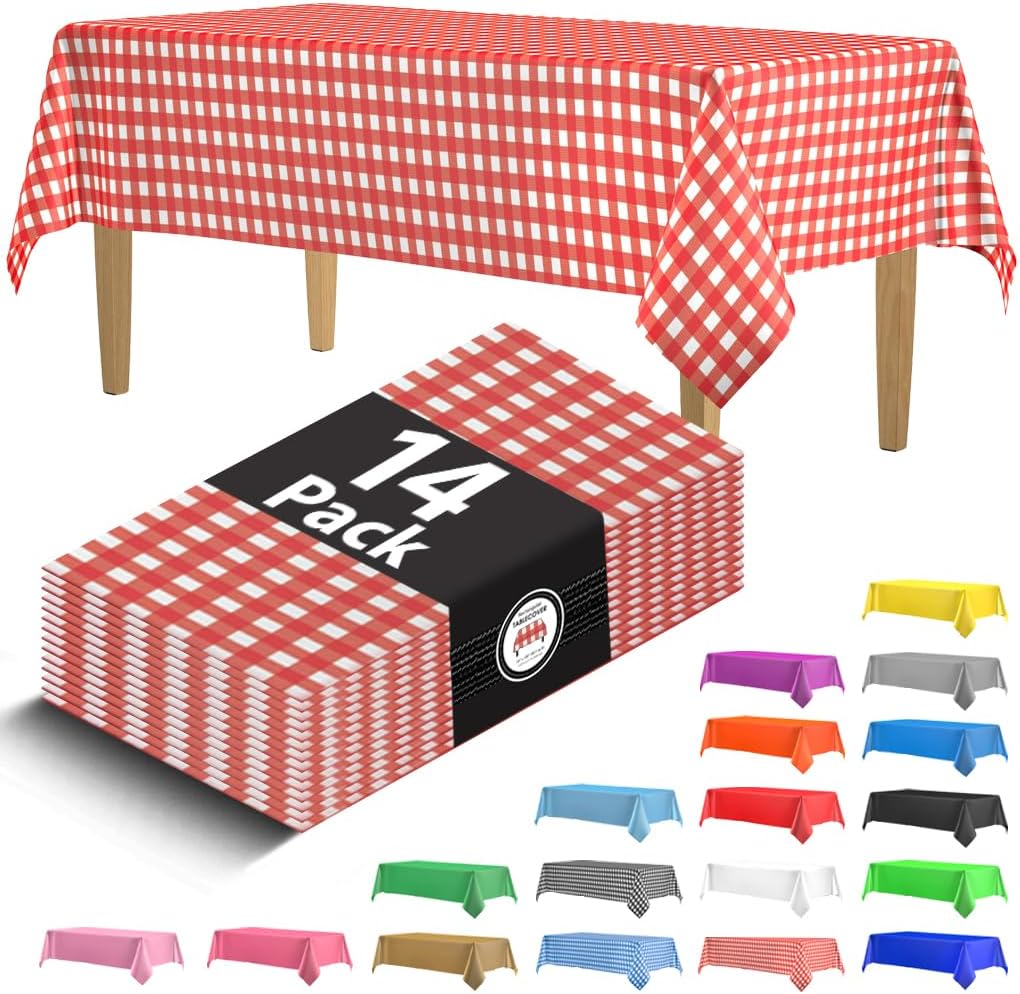 14 Pack Plastic Red Gingham Checkered Picnic Tablecloth 54 X 108 in. Rectangle Disposable Table Covers - Disposable Table Cloths For Parties, Birthdays, Weddings Tablecloth Pack. Indoor and Outdoor