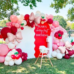 147Pcs Cherry Balloon Garland Arch Kit, Red Pink Cream White Balloons with Pink Bow DIY Cherry Balloons for Girls Cherry Birthday Cherry on Top Berry First Summer Fruit Party Baby Shower Decorations
