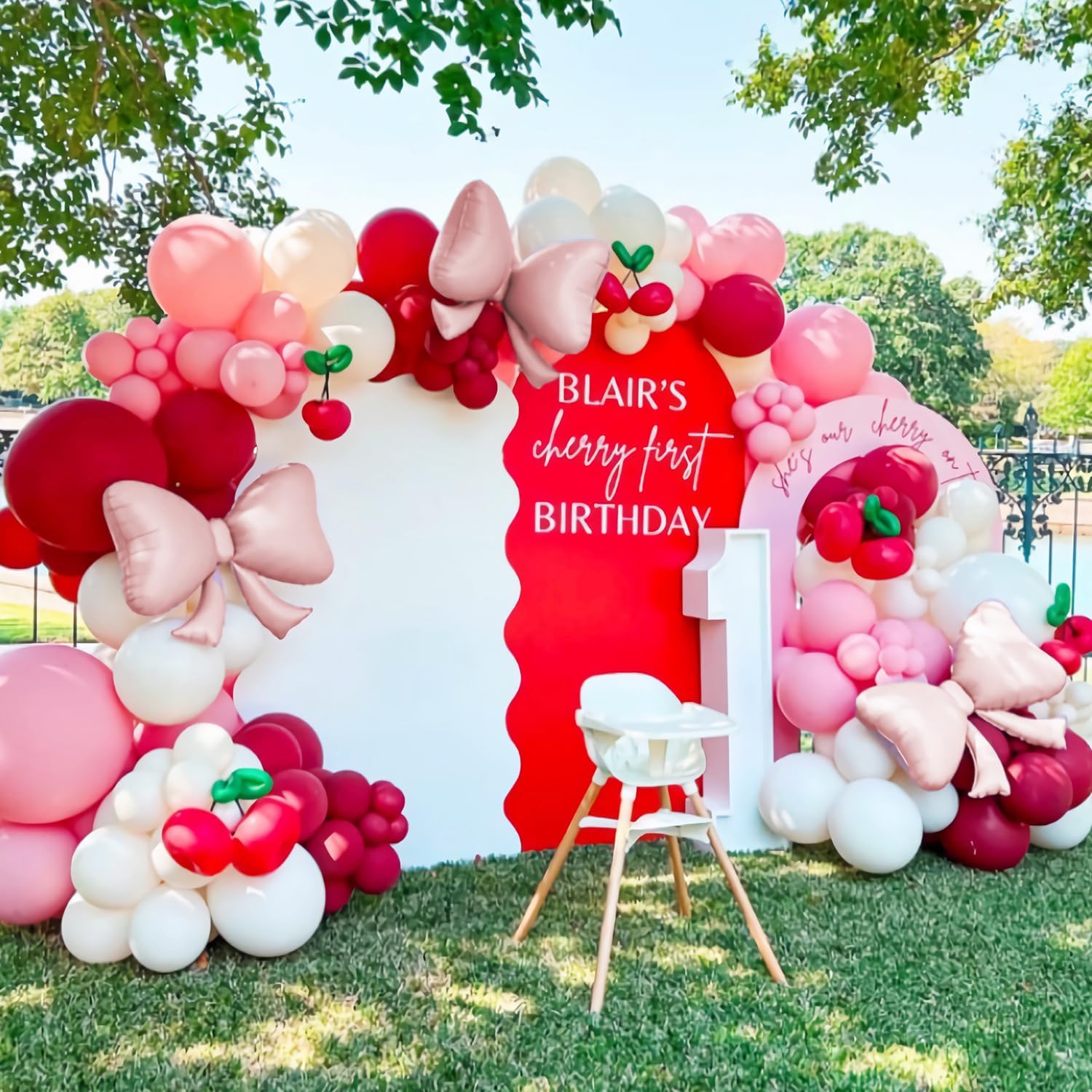 147Pcs Cherry Balloon Garland Arch Kit, Red Pink Cream White Balloons with Pink Bow DIY Cherry Balloons for Girls Cherry Birthday Cherry on Top Berry First Summer Fruit Party Baby Shower Decorations