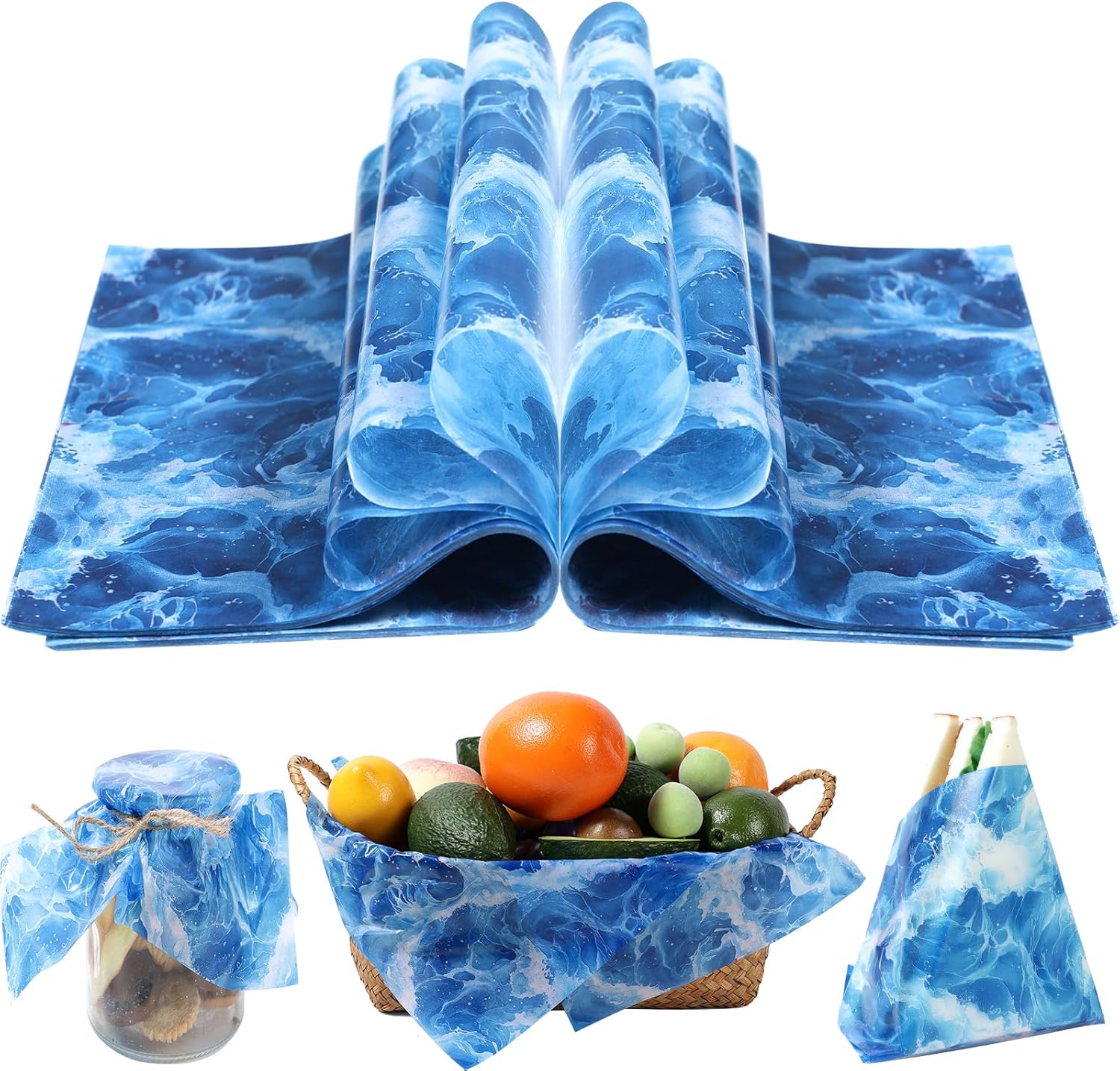 150 Pcs Ocean Waves Wax Paper Sheets for Food Deli, 9.8 x 8.3 inch Blue Sea Waves Greaseproof Wrapping Paper for Sandwich Picnic Basket Liner Beach Pool Birthday Summer Ocean Party Supplies