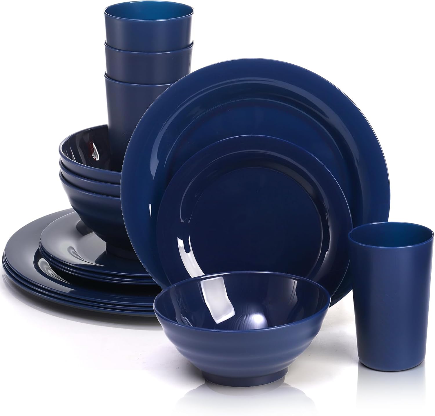 16 Pack Dishes Set For 4, Microwave Safe Plates and Bowls Sets, Lightweight Bowls with Plates, Cups, BPA-Free Plastic Dinnerware Set for Camping Picnic, Kitchen Dishes