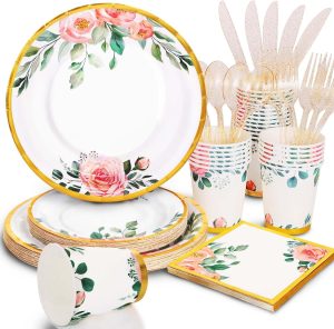 168PCS Floral Plates and Napkins Party Supplies,Vintage Floral Paper Plates Set With Gold Rim Serve 24 Guests,Floral Disposable Plates Tea Party supplies for Adults Bridal Shower Decorations