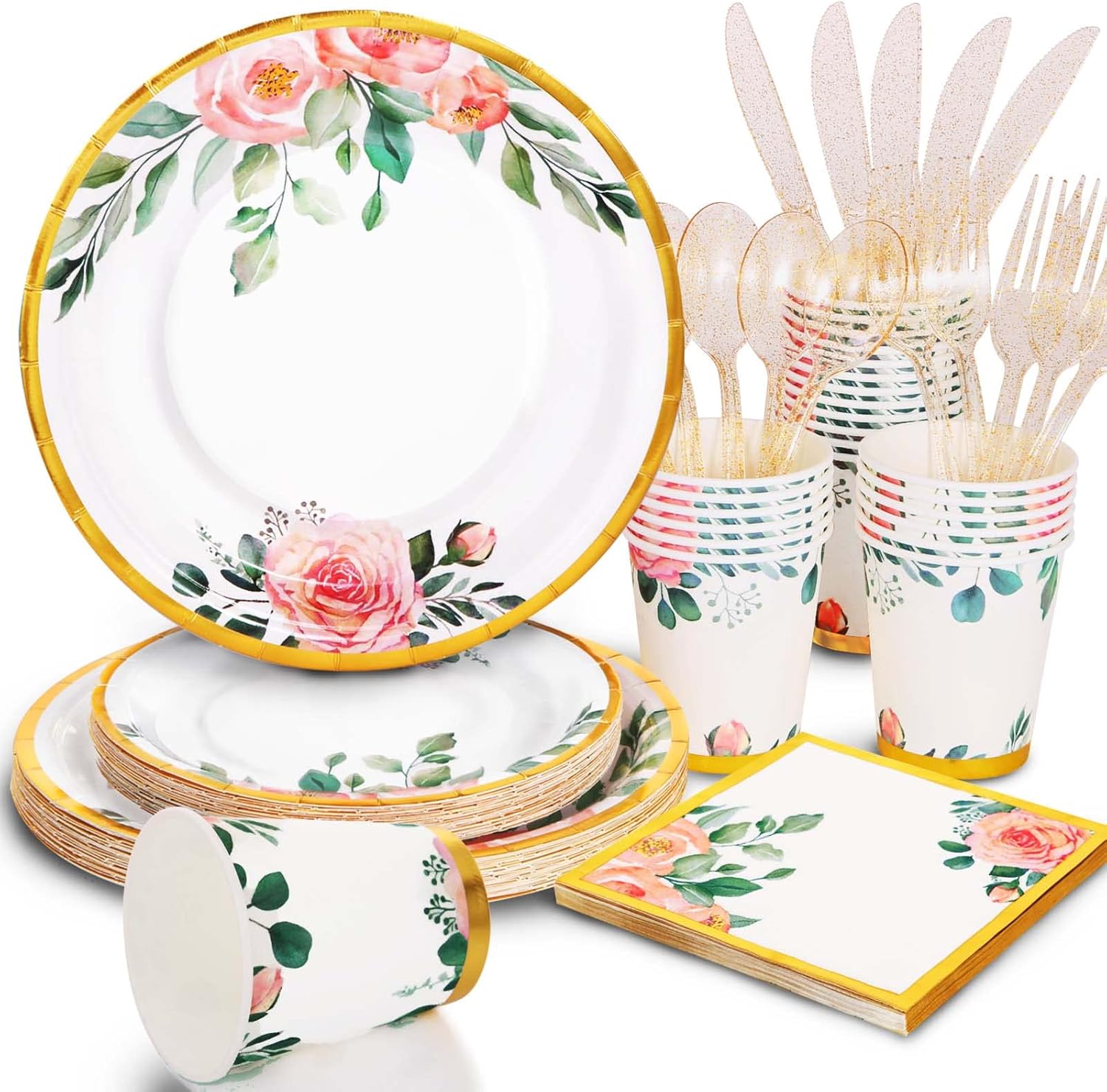 168PCS Floral Plates and Napkins Party Supplies,Vintage Floral Paper Plates Set With Gold Rim Serve 24 Guests,Floral Disposable Plates Tea Party supplies for Adults Bridal Shower Decorations