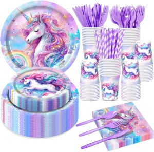 168Pcs Unicorn Birthday Decorations Plates Set,Unicorn Party Decorations Plates Napkins Cups and Purple Cutlery for 24 Guests
