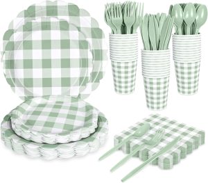 175 PCS Sage Green Gingham Plates and Napkins, Green Checkered Disposable Plates Set with Napkins Cups Plastic Spoons Forks Knives for Dinner Birthday Baby Shower Wedding Supplies Serve 25 Guests