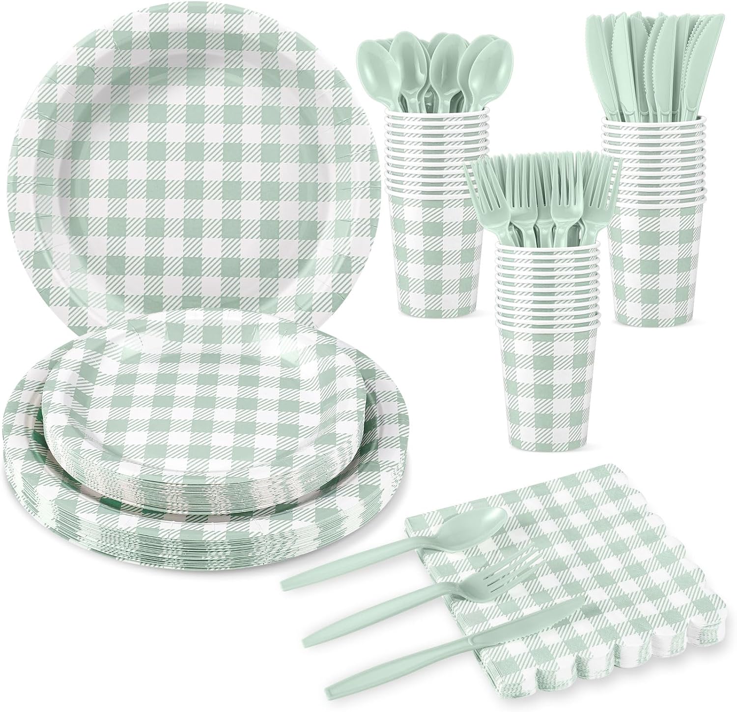 175 Pcs Gingham Party Supplies Include Sage Green Gingham Plates and Napkins Cups Plastic Cutlery Disposable Green Checkered Plates Set for Picnic, Baby Shower, Wedding