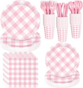 175 Pcs Gingham Party Supplies for 25 Guests, Paper Plates and Napkins Knives Spoons Forks Cups Disposable Party Set Cutlery for Baby & Bridal Shower, Wedding, Birthday Party, Outdoor Picnic ( Pink )