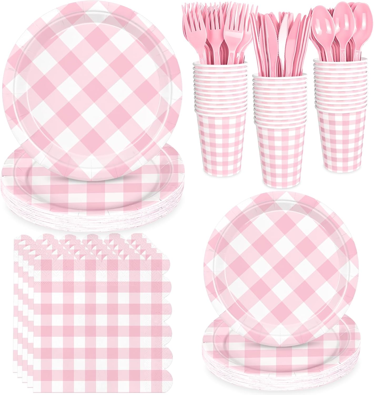 175 Pcs Gingham Party Supplies for 25 Guests, Paper Plates and Napkins Knives Spoons Forks Cups Disposable Party Set Cutlery for Baby & Bridal Shower, Wedding, Birthday Party, Outdoor Picnic ( Pink )