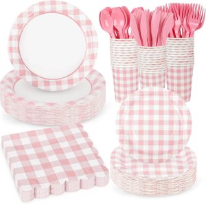 175Pcs Pink Gingham Party Supplies Pink Gingham Paper Plates and Napkins Cups Checkered Plates Disposable LightPink and White Plaid Party Decor for Birthday Family Fall Picnic BBQ,Serves 25 Guests