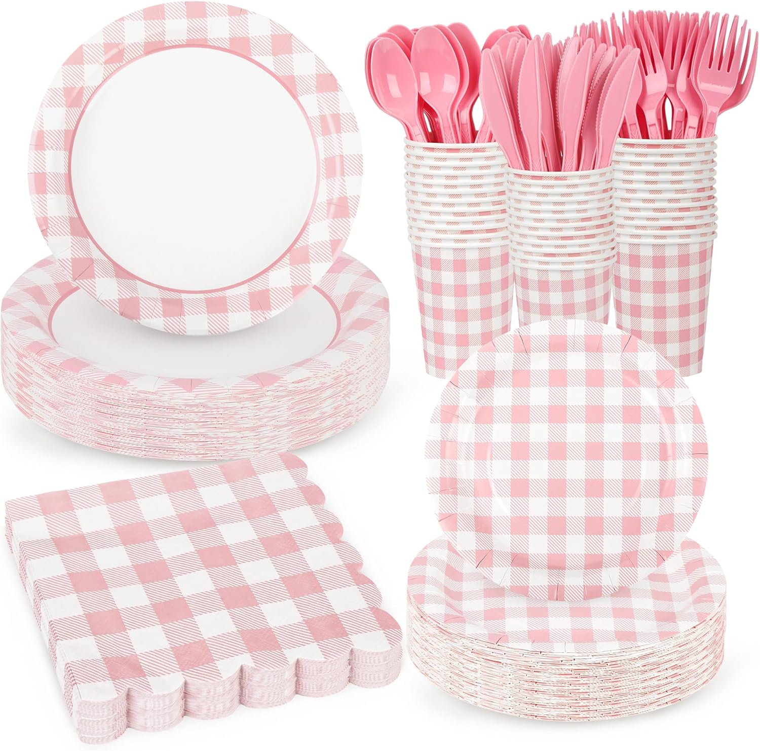 175Pcs Pink Gingham Party Supplies Pink Gingham Paper Plates and Napkins Cups Checkered Plates Disposable LightPink and White Plaid Party Decor for Birthday Family Fall Picnic BBQ,Serves 25 Guests