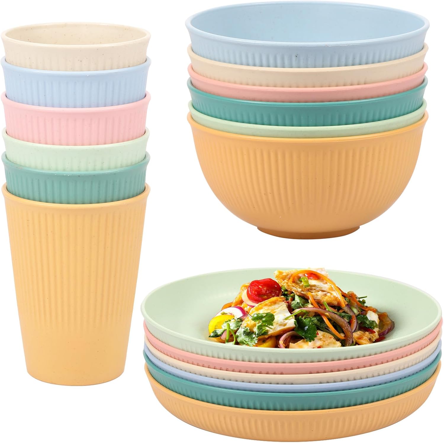 18Pcs Plastic Striped Camping Plates Bowls for Kids and Elderly Reusable Stackable Picnic Cups Plates Multipurpose Dishwasher Safe Dinnerware Set for Party Home