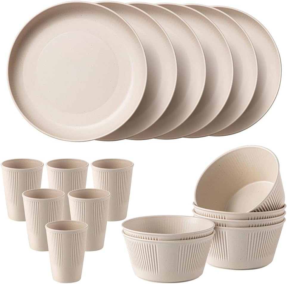 18pcs Wheat Straw Dinnerware Sets Unbreakable Kitchen Dinnerware Set Service for 6, Lightweight Round Plates and Bowls Set Microwave and Dishwasher Safe Plates for Home, Camping or Picnics