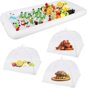 1PCS Inflatable Serving Bars and 3PCS Mesh Food Umbrella Covers Tent for Outdoor,Keep Salads Beverages Ice Cold - For Parties Indoor & Outdoor BBQ, Picnic Pool Party Supplies Luau Cooler