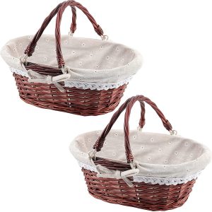 2 PCS Wicker Gift Picnic Basket, Brown Willow Woven Basket, Fruit Easter Candy Wedding Party Decoration Serving Basket with Folding Handles and Linen Cloth Lining