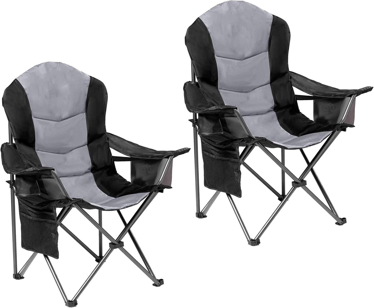 2 Pack Folding Camping Chairs for Adults - High Back Padded Outdoor Lawn Chairs with Lumbar Support & Cup Holder, 400lbs Heavy Duty Portable Camping Chairs Set (Black & Light Gray)