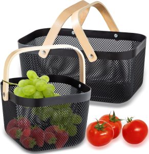 2 Pack Plastic Picnic Baskets, Mesh Harvest Basket with Foldable Wooden Handle, Rectangle Fruit Vegetable Storage Organizer Bins for Gathering, Kitchen, Pantry, Black