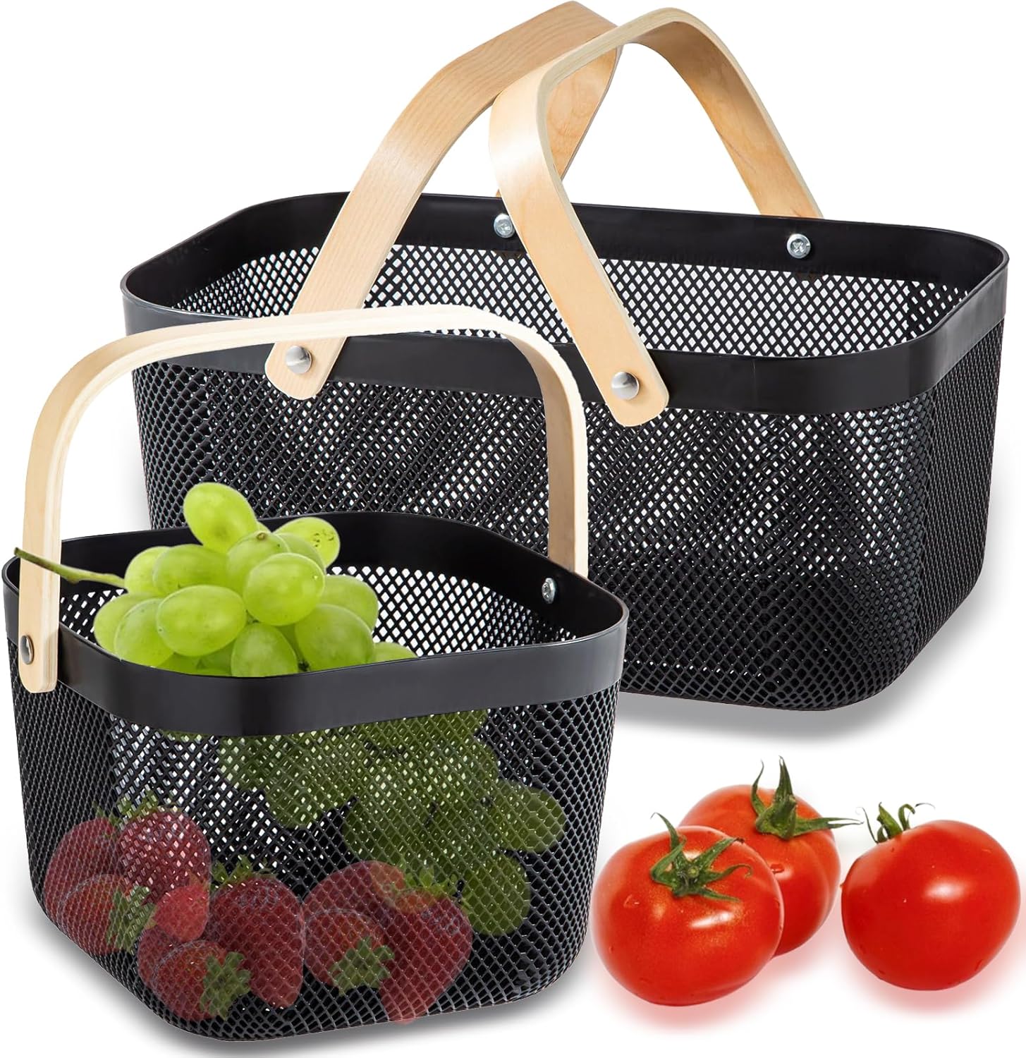 2 Pack Plastic Picnic Baskets, Mesh Harvest Basket with Foldable Wooden Handle, Rectangle Fruit Vegetable Storage Organizer Bins for Gathering, Kitchen, Pantry, Black