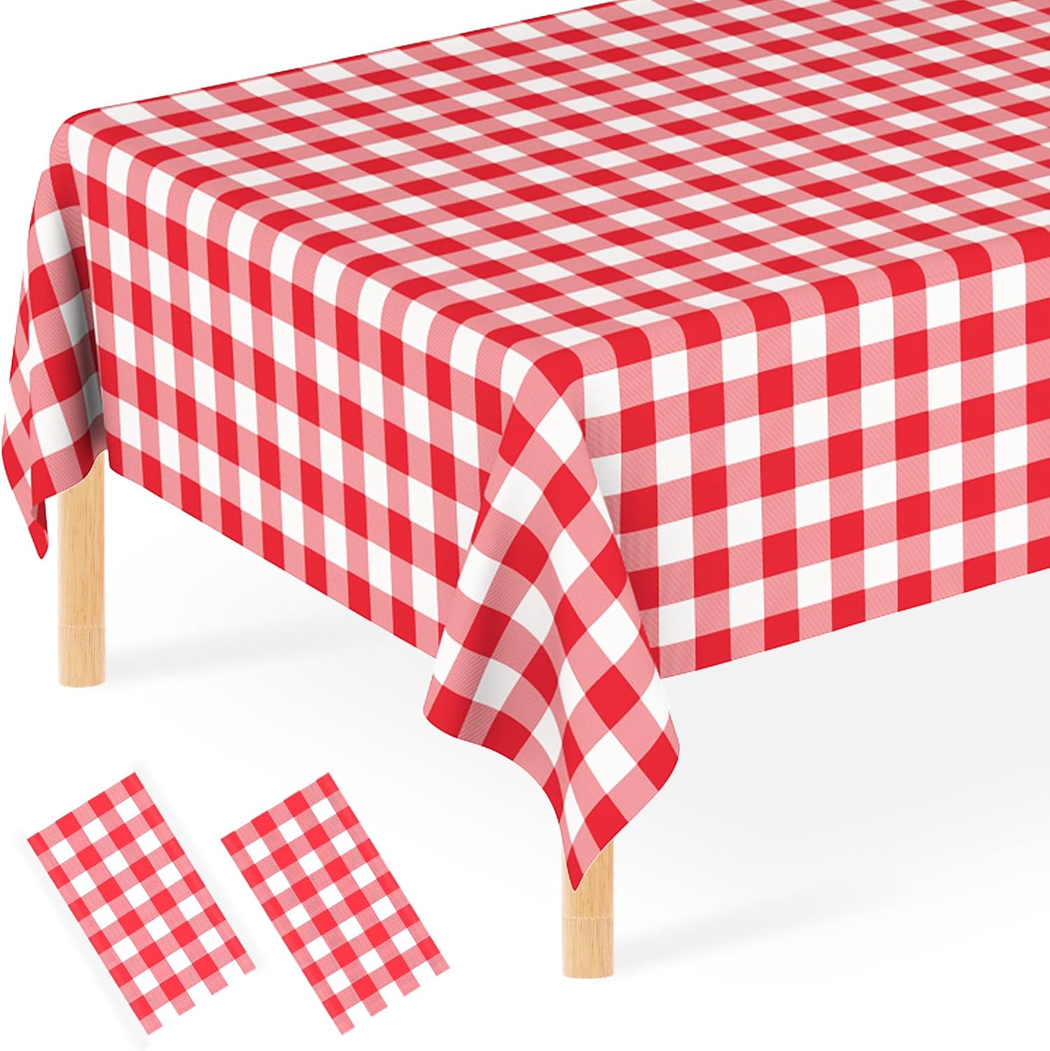 2 Pcs Red Gingham Tablecloth, Disposable Plastic Red Checkered Table Cloth, Red & White Plaid Table Cover for Outdoor Picnic, Wedding, Baby & Bridal Shower, Birthday Party (54 x 108 Inch)