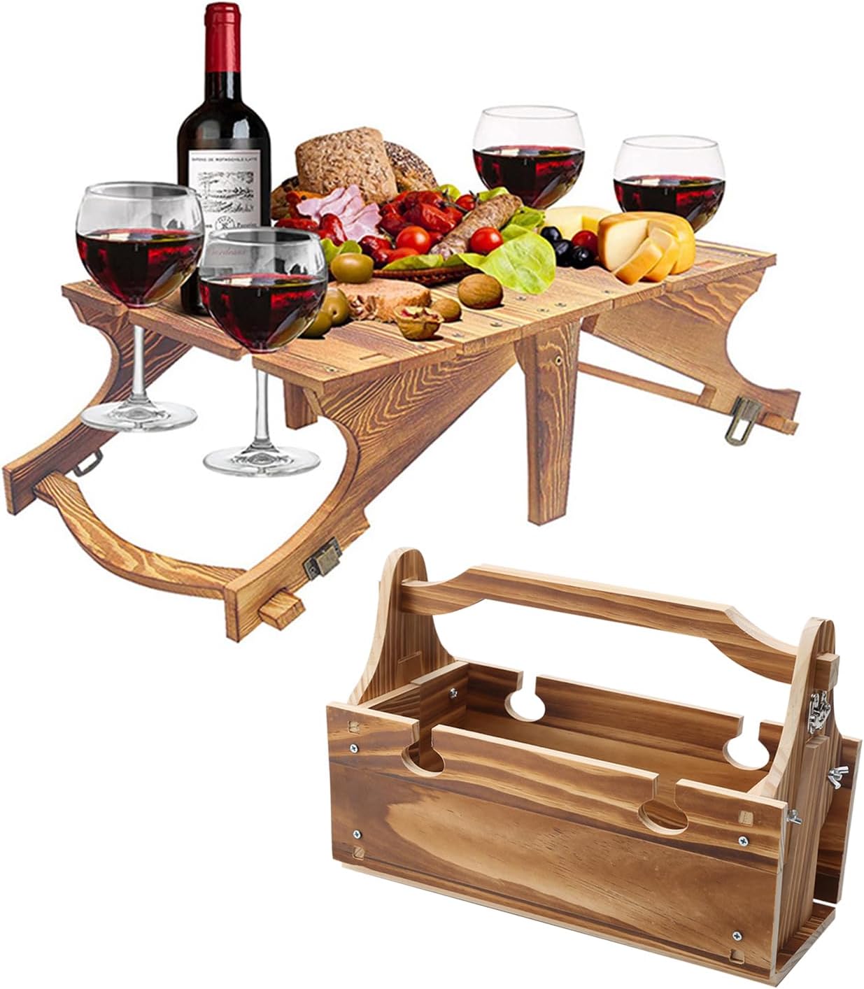 2 in 1 Folding Wine Picnic Table Handmade Outdoor Picnic Tray Table with Glass Holder for Beach Camping Picnic Wine Set